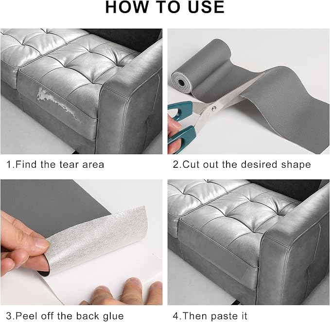 YAFLC Leather Repair Patch for Furniture, 4" x 63" Self Adhesive Leather Repair Kit Vinyl Repair Tape for Car Seat Sofa Jackets Couches Chair Medium Grey
