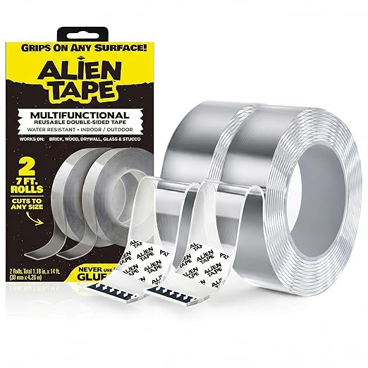 ALIEN TAPE Heavy Duty Double Sided Tape, Nano Tape, Feet Clear Adhesive Tape for Poster Photo Wall Decor As Seen on TV, (2 Rolls - 14 Feet)