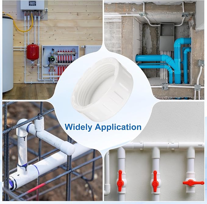 uxcell 5Pcs 1-1/2 Inch PT Female Thread PVC Pipe Fitting Cap, Cleanout Water Drain End Caps, Pipe Plug Socket Fittings with Tape for Water Heater Supply Lines, Plumbing, White