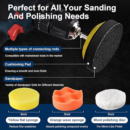 199 PCS 3 Inch Wet Dry Sanding Disc, GOH DODD Headlight Restoration Kit Drill Polishing Kit Sanding Attachment Hook Loop Sandpaper Buffing Pads with Rotary Tools for Car Wood Metal Glass Resin Expoxy