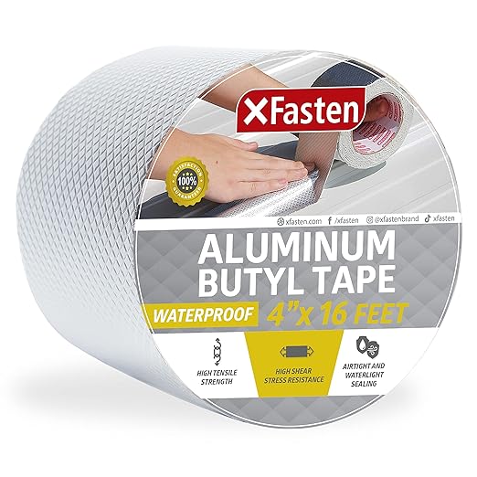 XFasten Super Waterproof Aluminum Butyl Tape, 4-Inch x 16-Foot, Aluminum Foil Tape with Butyl Rubber Adhesive for Window and Metal Roof Flashing, Patching and Gutter Leak Repair
