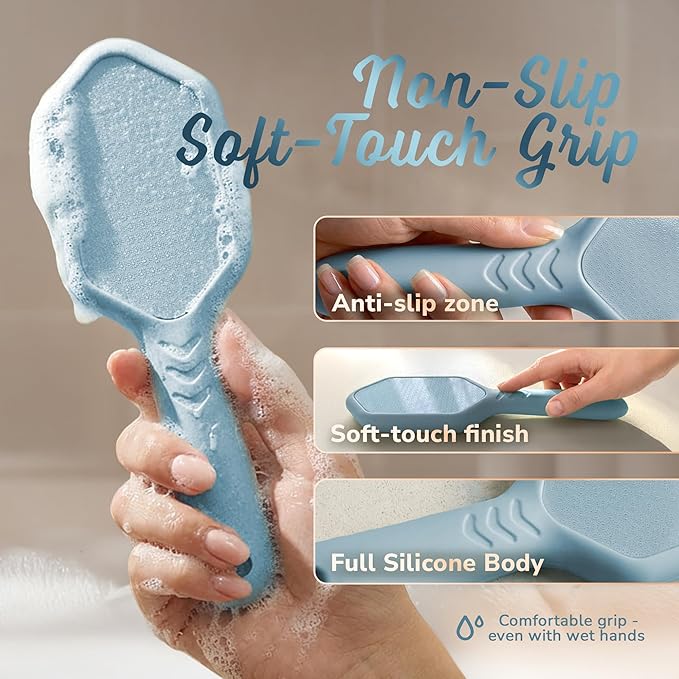 SILKLE Nano Glass Foot File - Silicone Foot Callus Remover for Feet and Cracked Heels - Heel Scraper for Dead Skin - Ergonomic Foot Scrubber & Exfoliator for Shower with Non-Slip Grip - Blue