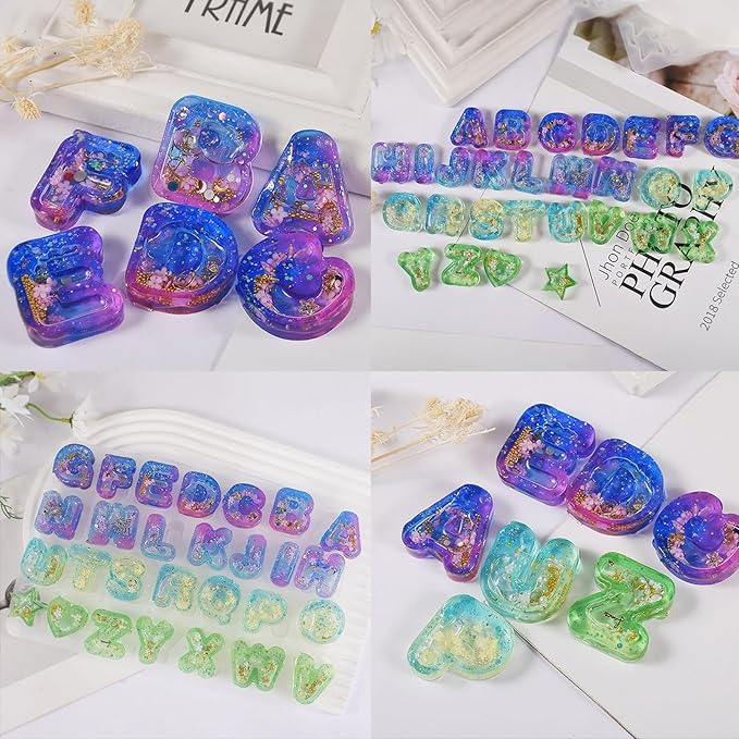 FUNSHOWCASE Alphabet Resin Shaker Molds Kawaii Keychain Charm Set Pack of 58 Silicone Trays Seal Films Precision Tip Applicator Bottle Kit Bundle