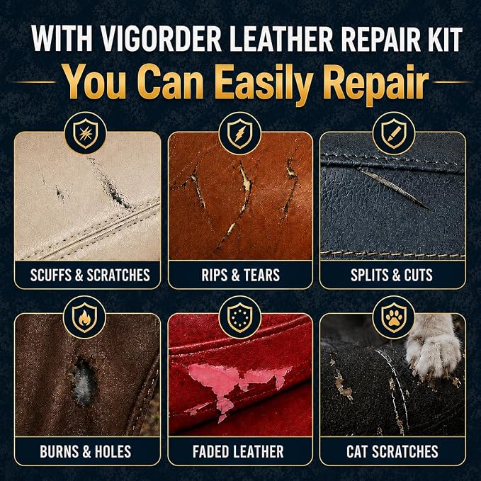 Vigorder Leather Repair Kit for Furniture, Vinyl Repair Kit for Car Interior, Sofa, Purse and Jacket, Restore Any Material with Super Easy Instructions to Fix Scratches, Tears, Holes, Peeling
