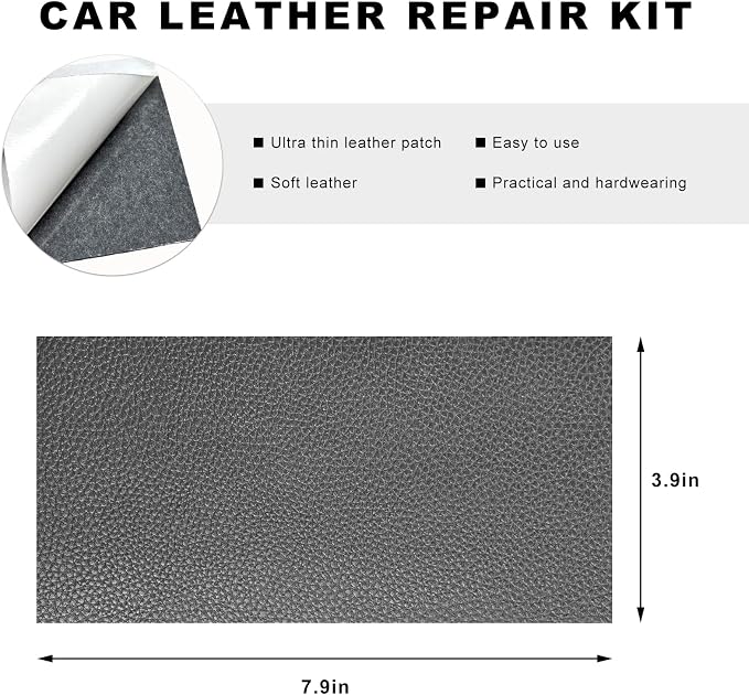 2 PCS Car Leather Repair Kit, 4×8 Inch Waterproof Self Adhesive Leather Repair Patches Kit, Super-Thin Cuttable PU Vinyl Patch Tape for Repairing Car Seats Sofas Chairs (Gray)