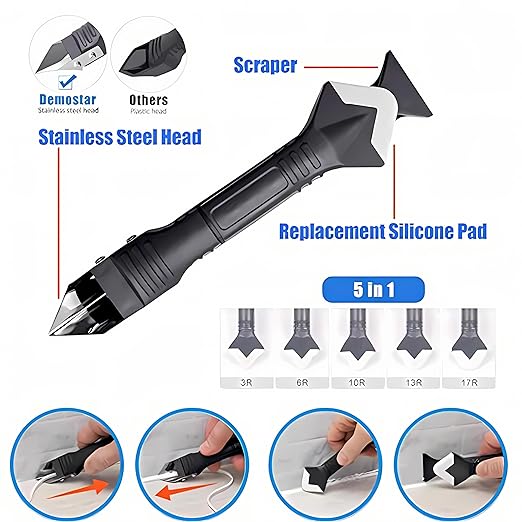 11Pcs Caulking Tools, 3 in 1 Silicone Caulking Finishing Tool Kit(Stainless Steelhead), Reuse and Replace 5 Silicone Pads, Sealant Caulk for Kitchen Bathroom Window, Sink Joint