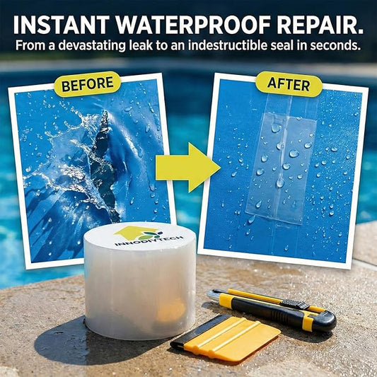 Waterproof Tape for Pools 3.94" W x 4.92ft L Transparent PVC Repair for Pools, Liners, Plastic, Outdoor, Wet Surfaces, Leak Seal, Adhesive, Cutter Included.