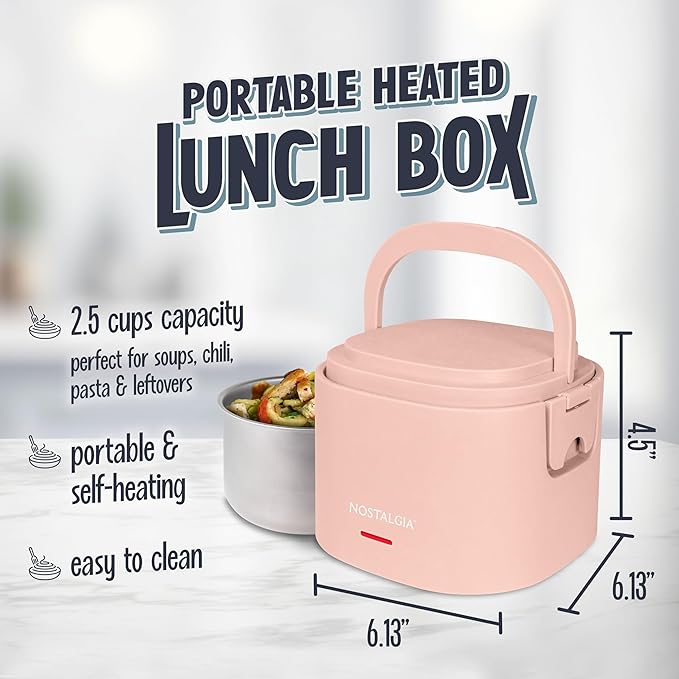 Nostalgia Portable Heated Lunch Box – 2.5-Cup Stainless Steel Food Warmer – Detachable Cord, Leak-Proof Lid, Carry Handle – Portable for Work & Travel – Cherry Blossom
