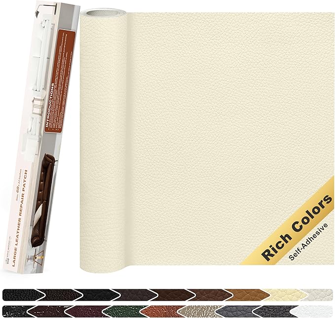 KING MOUNTAIN Leather Repair Patch,12 x 60 Inches self Adhesive Leather Repair Tape for Damaged Leather Furniture, Sofa Seating,Car Seats, Leather Goods（Beige White）