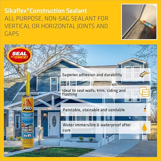 SIKA Sikaflex Construction Sealant - White, All-Purpose Polyurethane for Joints 1/2" or Smaller - 10.1 fl. oz - Weatherproof, High Elasticity, Paintable, Strong Adhesion, (Pack of 2)