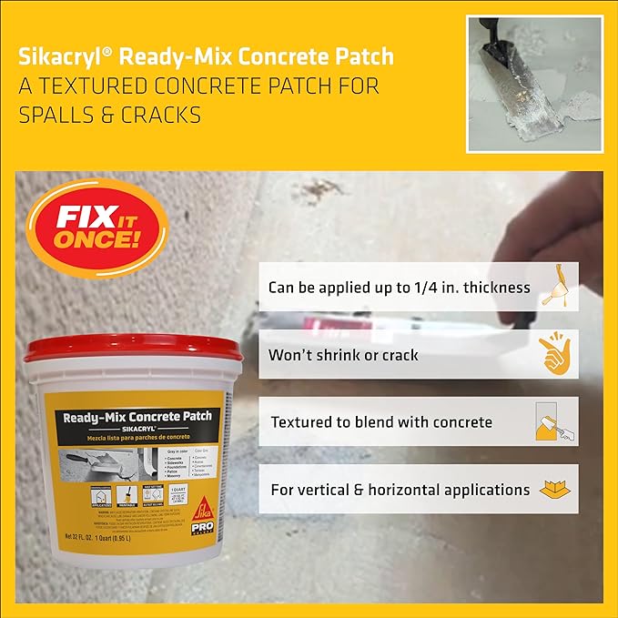 SIKA Sikacryl Ready-Mix Concrete Patch, Gray, Textured, 1 qt (6 Pack) - Durable Repair for Spalls and Cracks in Concrete and Masonry, Easy Cleanup, Acrylic-Based