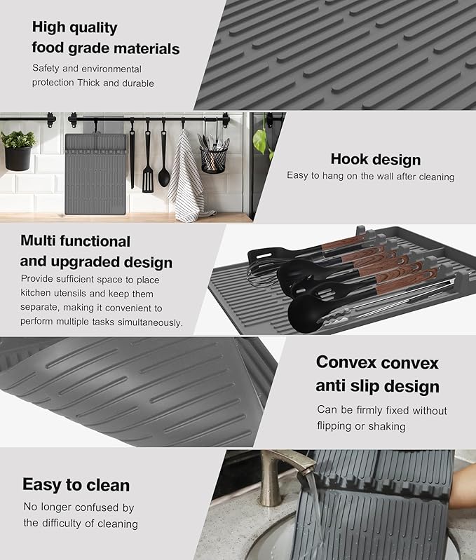 Silicone Grill Mat Compatible with Blackstone, BBQ Griddle Tools Mat with Drip Pad, Large Spatula Holder for Outdoor Kitchen Counter, Gifts for Men (Gray)