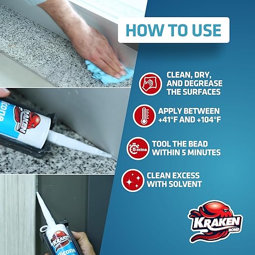 Kraken Bond Transculent Silicone Sealant Waterproof%100-10 fl oz Cartridge, RTV Silicone Caulk Kitchen and Bathroom, All Purpose, Window Caulking Sealant Outdoor, RV, Exterior Use Silicon - 24 Pack