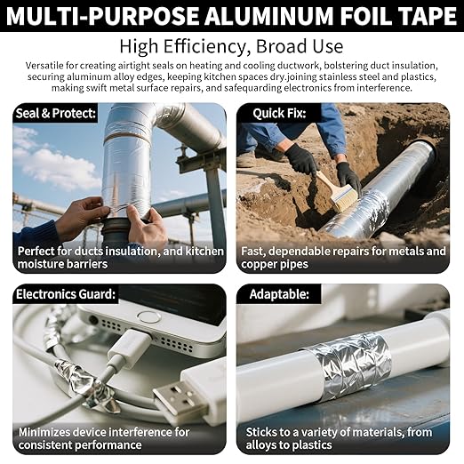 Aluminum Foil Tape Heavy Duty 4 Inch x 22 Yards（3.9 mil）, High Temp Waterproof HVAC Tape, Silver Insulation Adhesive for Ductwork, Sealing, Dryer Vent, Furnace, AC, Pipe Repair