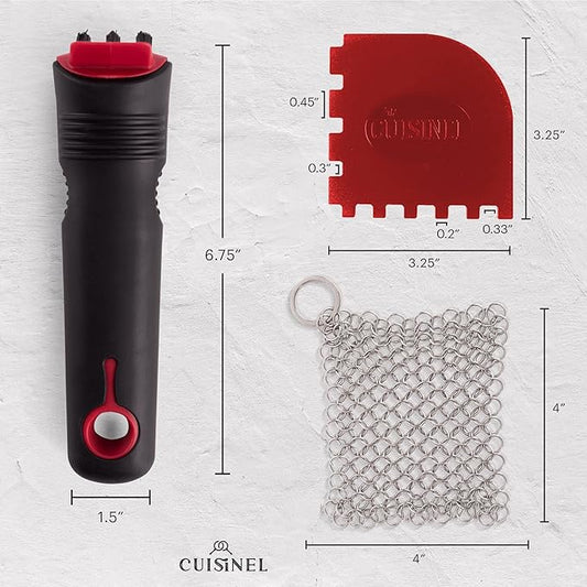 Cuisinel Cast Iron Scrubber Cleaning Brush + Stainless Steel Chainmail + Pan Scraper - Skillet, Grill Cleaner Kit - Soft-Touch Easy-Grip Dish Scrub Tool - Bristles Tough on Grease - Gentle on Cookware
