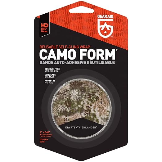 GEAR AID Camo Form Self-Cling and Reusable Fabric Camouflage Wrap, Adds Grip and Shield Hands from Hot or Cold Surfaces to Protect You and Your Equipment, Kryptek Highlander, 2” x 144” Roll, 2 Pack