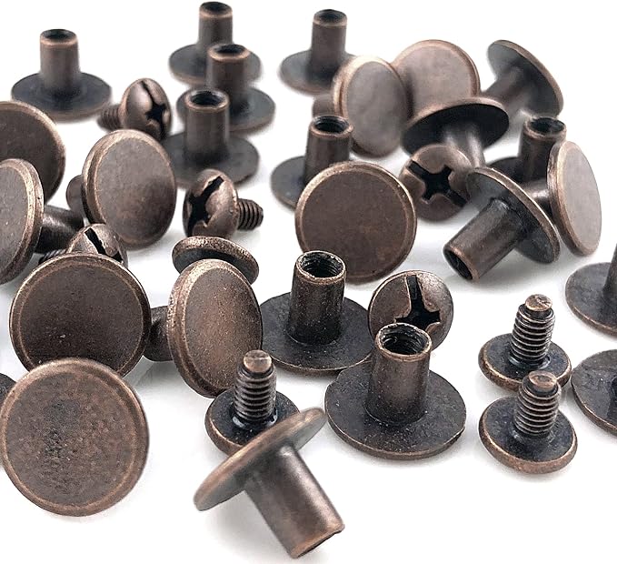 YORANYO 100 Sets Antique Copper Round Flat Head Chicago Screws for Leather Chicago Rivets Kit Button Studs Leather Rivets Chicago Screw for Leather Crafting Clothing Shoes Belts Bags 25/64 Inch