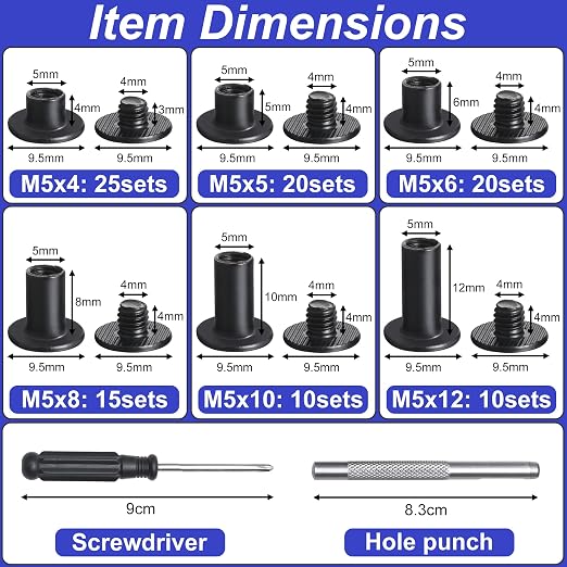 YORANYO 100Sets Black Chicago Screws Leather Rivets Kit for Fabric Leather Crafting Assorted 6 Sizes Chicago Binding Screws for Decorate and Repair Belt Bag Shoes Purse Pet Collar Clothing Bookbinding