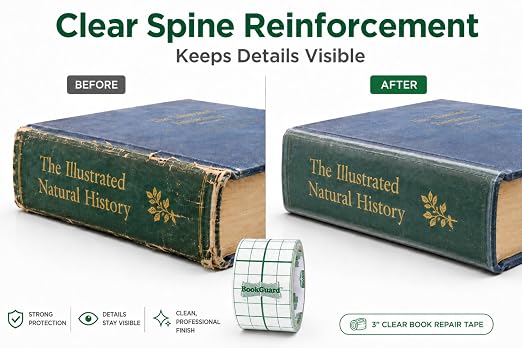 BookGuard 3" Clear Repair Tape, Acid-Free Archival-Safe Vinyl Mending Roll with Grid Liner for Spines, Covers, Hinges, Library Conservation & Restoration, 10 Yards