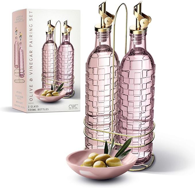 COOK WITH COLOR Glass Olive Oil Bottle Dispenser - 2 Pack- 17oz Oil and Vinegar Cruet - Olive Oil Carafe Decanter for Kitchen, Checkered, Pink
