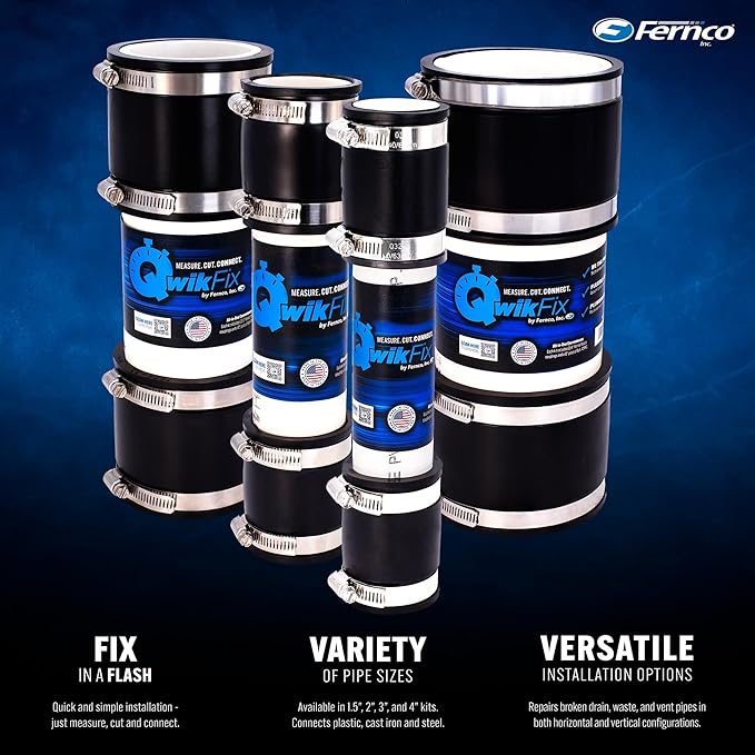 Fernco QwikFix Broken Pipe 1.5" Coupling Repair Kit for Plastic, Cast Iron and Steel Pipes in Black