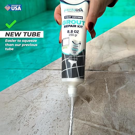 PentaUSA Tile Grout Repair Kit with Removal Tool - Premixed Acrylic Sanded Grout Filler for Bathroom, Shower, and Kitchen, Includes Applicator Spatula, and Sponge - White (8.8oz / 250g)