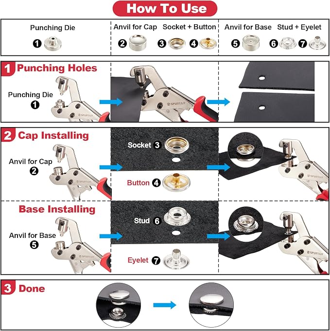 Spurtar Snap Fastener Tool Heavy Duty Snap Button Kit with 40 Sets 15mm Snaps and 3 Dies Upgraded Dual-Lever Design Snap Fasteners for Boat Cover Sewing Leather Fabric Cloths Canvas Tarp DIY