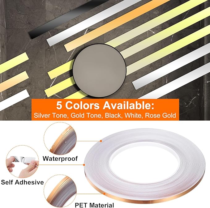 HARFINGTON 2Pcs Floor Tiles Rose Gold Foil Lines Metallic Mirror Tape 0.2" x164 Ft Self Adhesive Decor Floor Wall Seam Sticker Waterproof Gap Sealing Tape for Kitchen Bathroom Cabinet