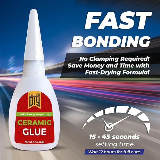 Y'allCanDiy Waterproof Super Glue for Ceramic 2 Pk x .7 Oz. (20g) - Ceramic Glue Repair for Pottery, No Smell After Cure. Best Cyanoacrylate Based Adhesive for China and Porcelain