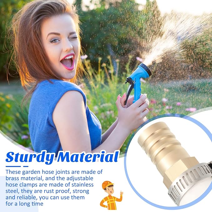 Zhengmy 12 Pcs 5/8-3/4 Inch Hose Repair Kit Brass Barb Fitting Garden Water Hose Repair Connectors with Claps Fiting with 8 Pcs Stainless Steel Pipe Clamp for Fuel Air