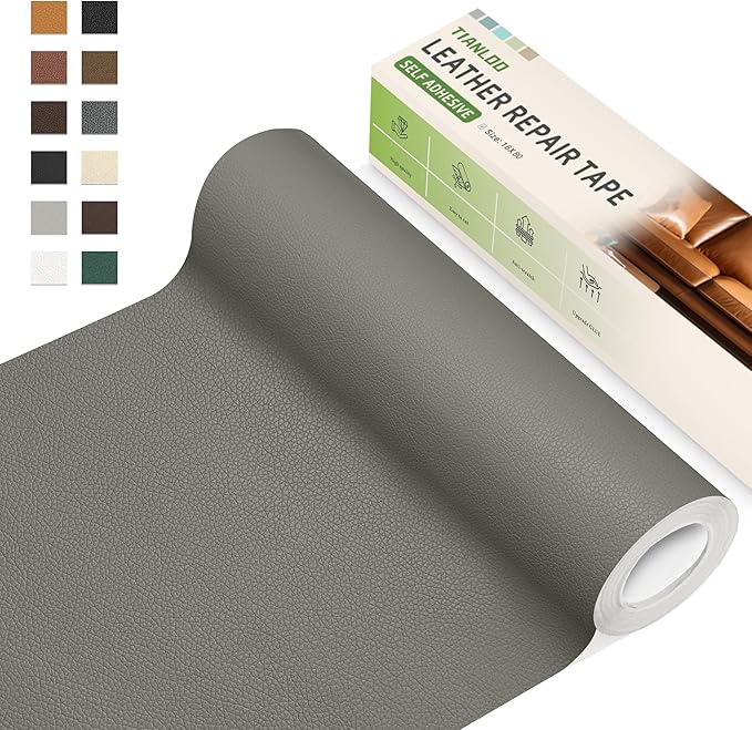 TIANLDD Leather Repair Tape，16x80 Inch Self Adhesive Leather Repair Patch，Leather Repair Kit for Furniture，Couches, Car Seats, Cabinets, Handbags(Dark Grey-Litchi Grain)