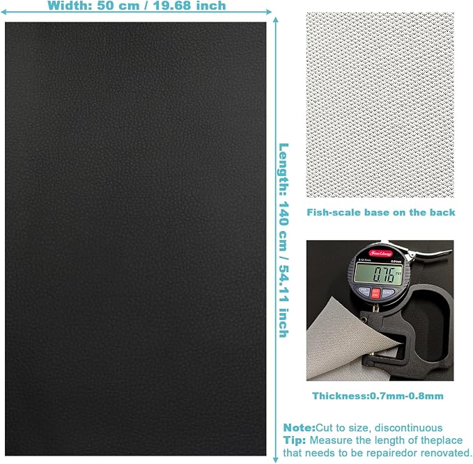 Black Faux Leather Fabric 19"x54" - Lychee Grain Waterproof Vinyl Leather, Heavy Duty Material for Furniture Upholstery, Marine Inspired Boat Seats, Car Interior and DIY Craft Projects