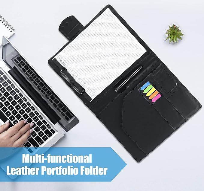 Agoer Professional Padfolio Clipboard Folder with 3xMagnetic Closure Cover | Faux Leather,A4 Size,With A4 Writing Pad & Pen & Sticky Tab,for Business Office Conference(Black),Portfolio Legal Pad Holder