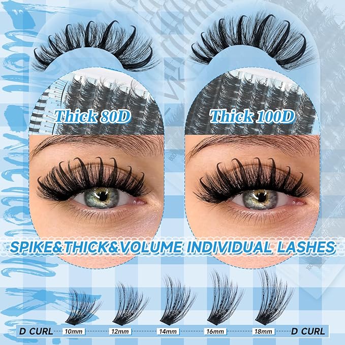 Lash Clusters Kit 80D+100D Lash Clusters with Spikes 3D Volume Eyelash Clusters Lash Extension Kit With Lash Bond And Seal Lash Tweezers （80D+100D,10-18mm)