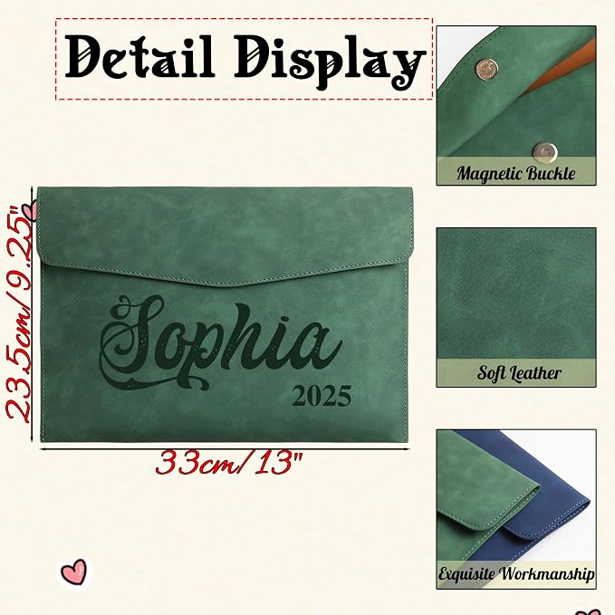 Customized A4 File Folder Expandable File Organizer,Personalized Name PU Leather Envelope Holder for Work、School、Home、Office (Blue)