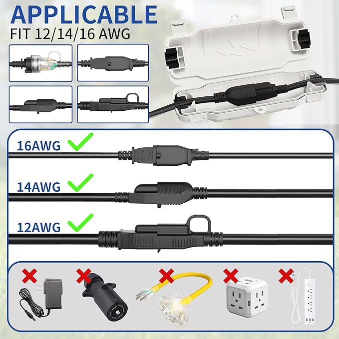 6 Pack Outdoor Extension Cord Safety Cover with Waterproof Seal IP54 Water-Resistant, Weatherproof Electrical Connection Box with 2 Latches, Plug, Socket, Holiday Decoration Light, White
