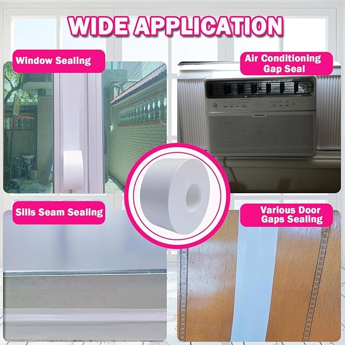 WENSSKKU White Window Weather Sealing Tape 2Inch X 65Ft,Window AC Seal Air Conditioner Sealing Tape,Residue-Free for Keep Out Drafts Cold Air Rain Dust Smog