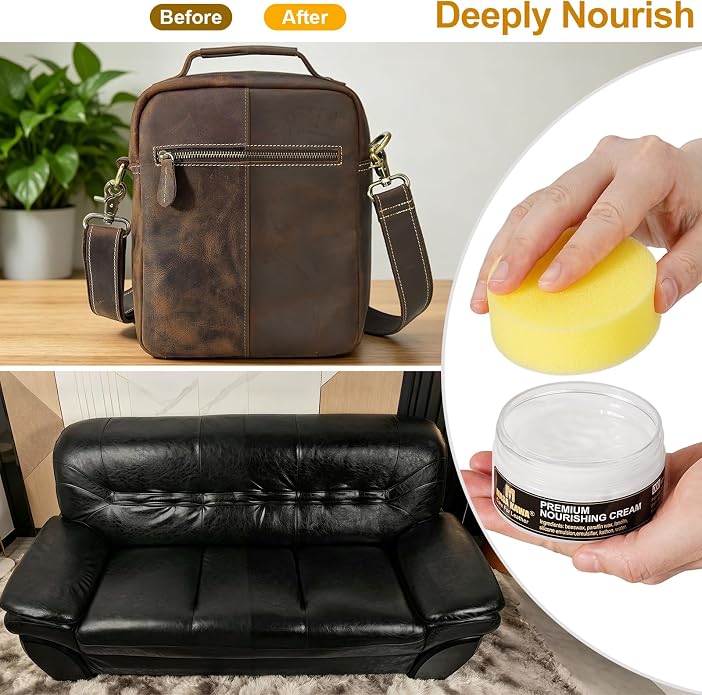 Masa Kawa Leather Care Conditioner Nourishing Cream Rejuvenator Kit | Leather Moisturizer Rejuvenator Polish Cleaner, Care Balm for Leather Bags, Car Seats, Shoes, Jacket, Furniture Protection