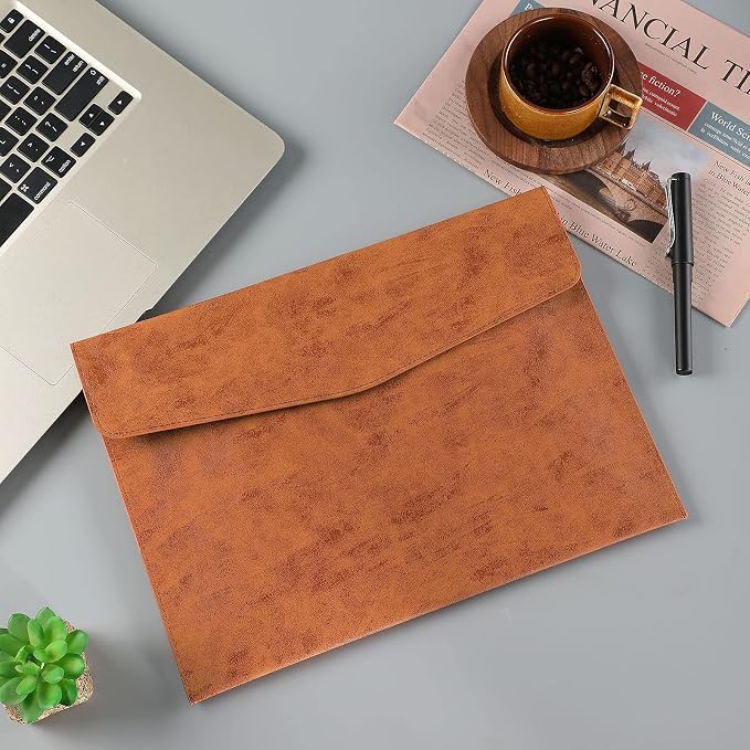 PU Leather A4 File Folder Document Holder Waterproof Portfolio Envelope Folder Case with Snap Closure Brown
