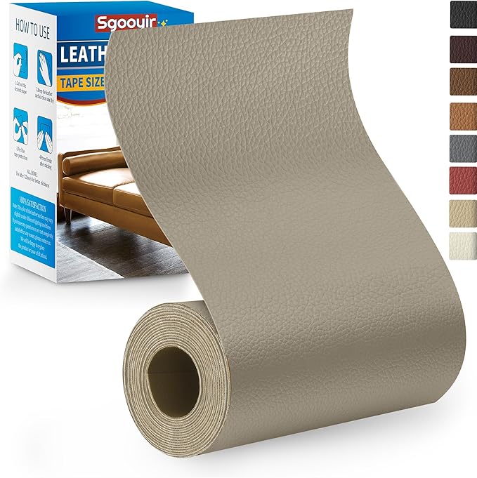 Leather Repair Patch Tape Kit, 4" x 63" Self Adhesive Leather Repair Patch for Furniture, Vinyl Leather Repair Kit for Car Seat, Chairs, Couch, Sofa, Boat Grey Khaki