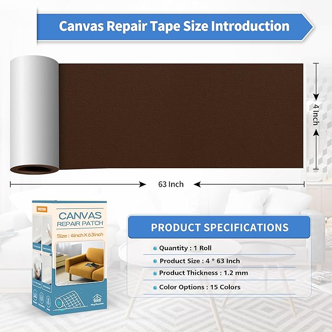 KING MOUNTAIN Canvas Repair Tape,Outdoor Gear Patch, 4×63 Inches,Waterproof,Self-Adhesive for Repairing Boat Covers,Sun Shades,Sofas,Tents,Lounge Chairs,Awnings (Dark Brown)