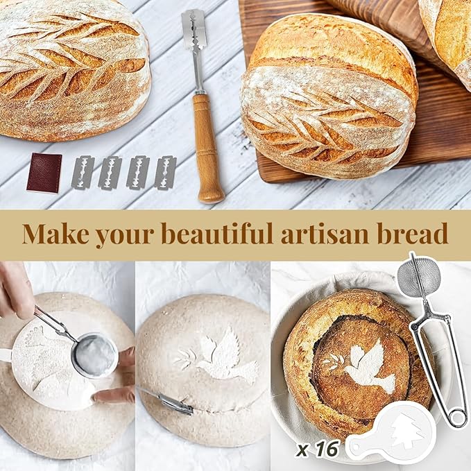 Sourdough Starter Kit, Banneton Bread Proofing Baskets Set, Sourdough Bread Baking Supplies Making Tools with Dough Scraper, Whisk, Bread Lame, Recipe