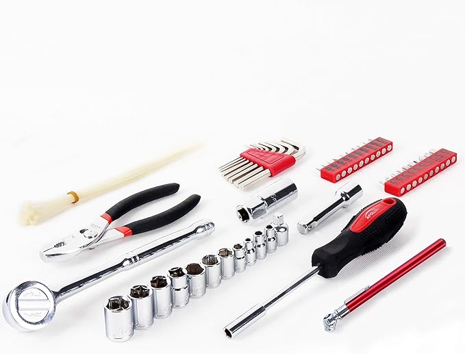 Apollo Tools 56 Piece Compact SAE Auto Tool Set in Zippered Case, Small Mechanic Tool Set for Car Emergency, Motorcycle Repair on the Road, Great for Travel Tool Needs - Red - DT9774 (Pack of 6)