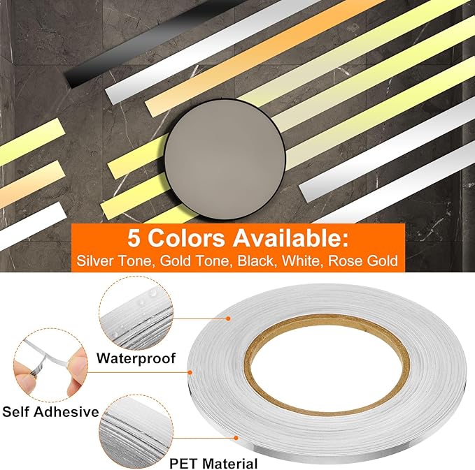 HARFINGTON 2Pcs Floor Tiles Silver Foil Lines Metallic Mirror Tape 0.2" x164 Ft Self Adhesive Decor Floor Wall Seam Sticker Waterproof Gap Sealing Tape for Kitchen Bathroom Cabinet