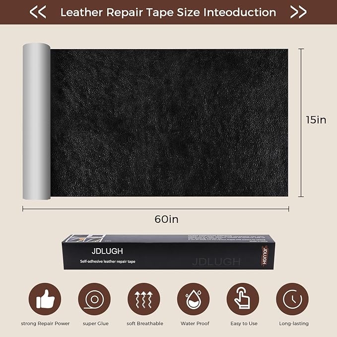 JDLUGH Sofa Leather Repair Patch Tape 15x60 Inch Large Self Adhesive Leather Sofa, Car Seat, Leather Furniture, Vinyl Repair Patch Kit (15x60 Inch, Black 2.0)