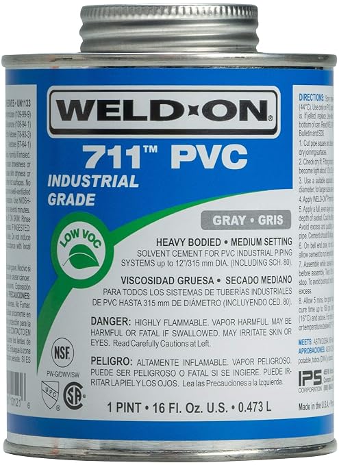 Weld-On 10121 711 Industrial Grade PVC Heavy-Bodied High Strength Solvent Cement - Medium-Setting and Low-VOC, Gray, 1 Pint (16 fl oz)
