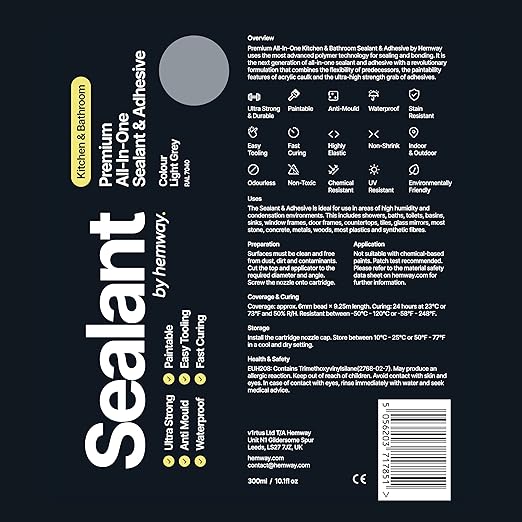 Light Gray Kitchen & Bathroom Sealant & Adhesive Hybrid Polymer | Superior to Silicone Caulk Sealant | Waterproof, Odorless, Paintable | Ideal for Around Bathtub, Shower, Kitchen - 300ml 1 Pack