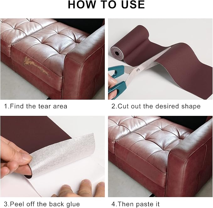 YAFLC Leather Repair Patch for Furniture, 4" x 63" Self Adhesive Leather Repair Kit Vinyl Repair Tape for Car Seat Sofa Jackets Couches Chair Dark Red