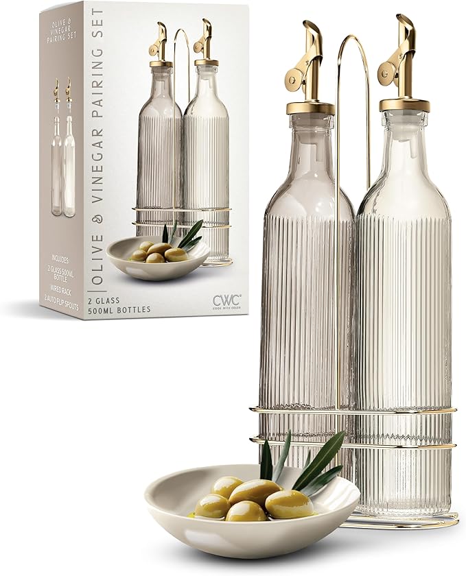 COOK WITH COLOR Glass Olive Oil Bottle Dispenser - 2 Pack- 17oz Oil and Vinegar Cruet - Olive Oil Carafe Decanter for Kitchen, Fluted, Brown