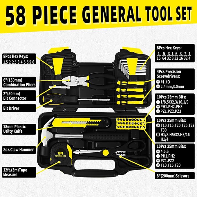 58-Piece Yellow Tool Kit | Basic Home Repair & General Household Hand Kit | Small Tool Set with Plastic Storage Toolbox for Home, Office, College & DIY Repairs